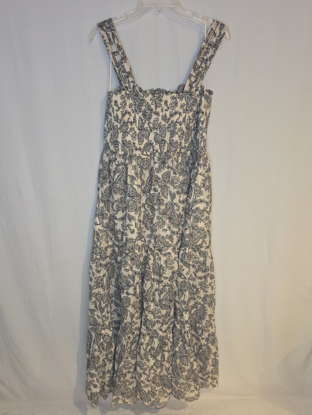 Express Gold Detailed White Maxi Dress with Black Floral Print & Pockets